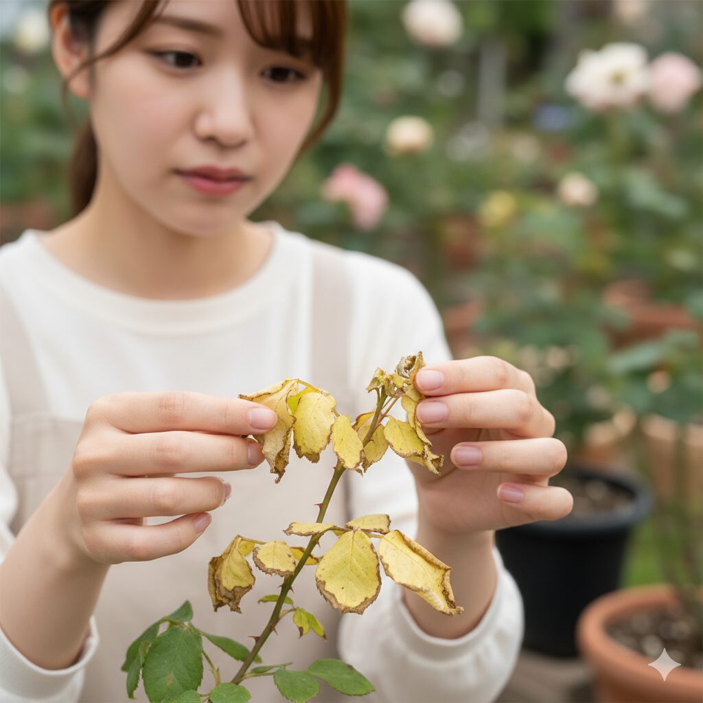 薔薇の肥料焼けの症状：葉の縁が茶色く枯れ込み全体が黄色く変色した下葉の状態