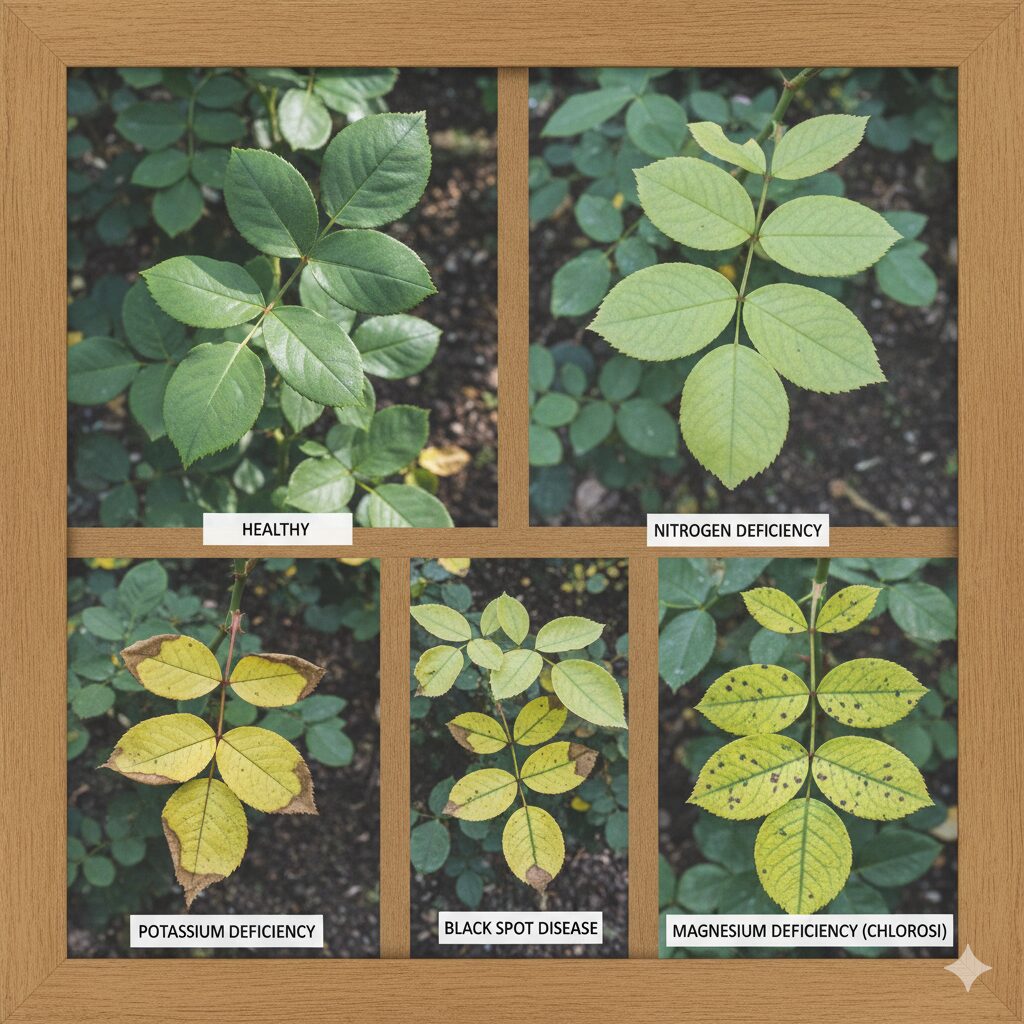 薔薇の葉の変色診断チャート：チッソ欠乏・カリ欠乏・マグネシウム欠乏（クロロシス）・黒星病の違い