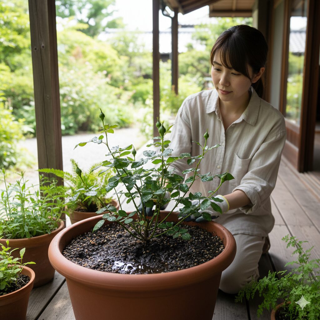 植え替え直後のバラの鉢植えを、直射日光の当たらない軒下の明るい日陰に置いて養生させている様子。たっぷりと水やりをした後の湿った土の表面と、風通しの良い環境。