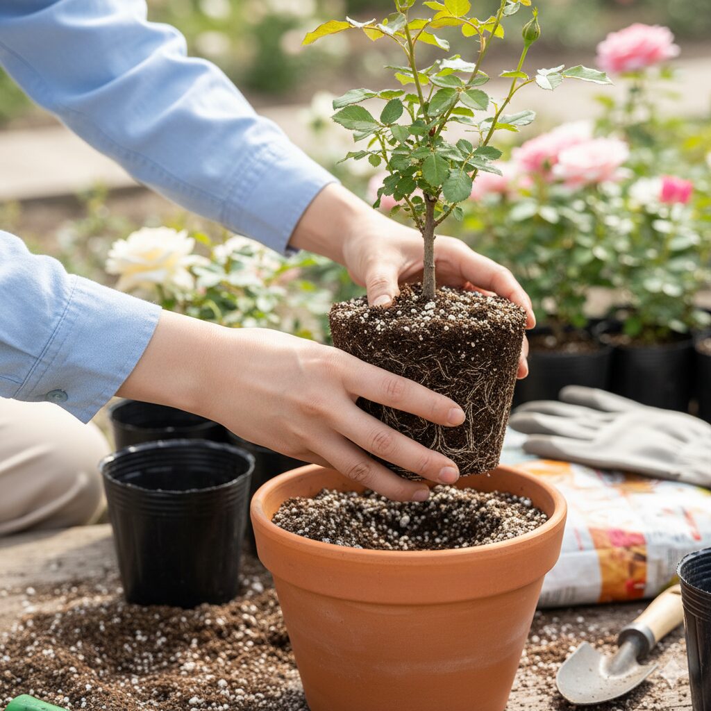 春に販売されているバラの新苗（接ぎ木苗）と鉢増しの様子。黒いポリポットに入った若い苗を、根鉢を崩さないように慎重に取り出し、一回り大きな6号鉢へ植え替えている手元のクローズアップ。
