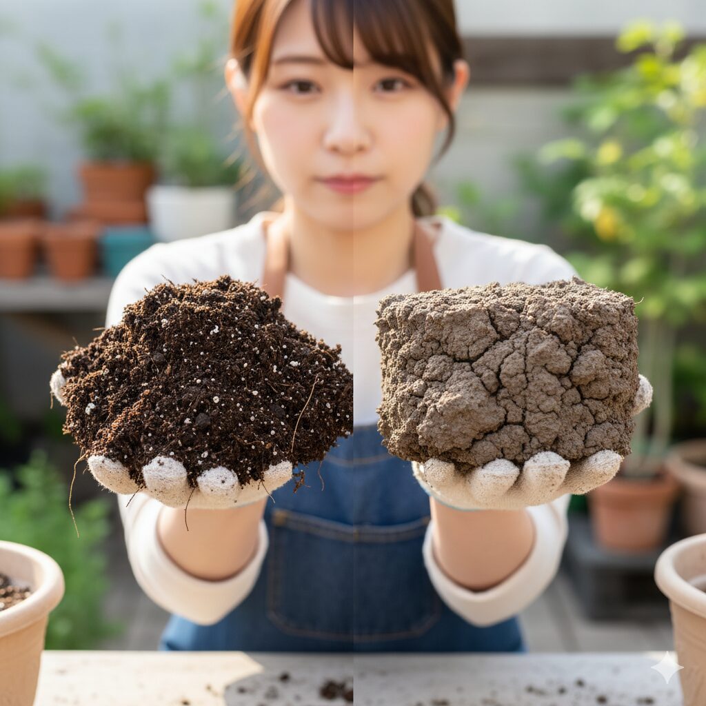 「良い土」と「劣化した土」の比較写真。左側は粒がしっかりしており隙間がある団粒構造の新しい培養土、右側は粒が崩れて微塵になり、泥のように固まった水はけの悪い古い土。