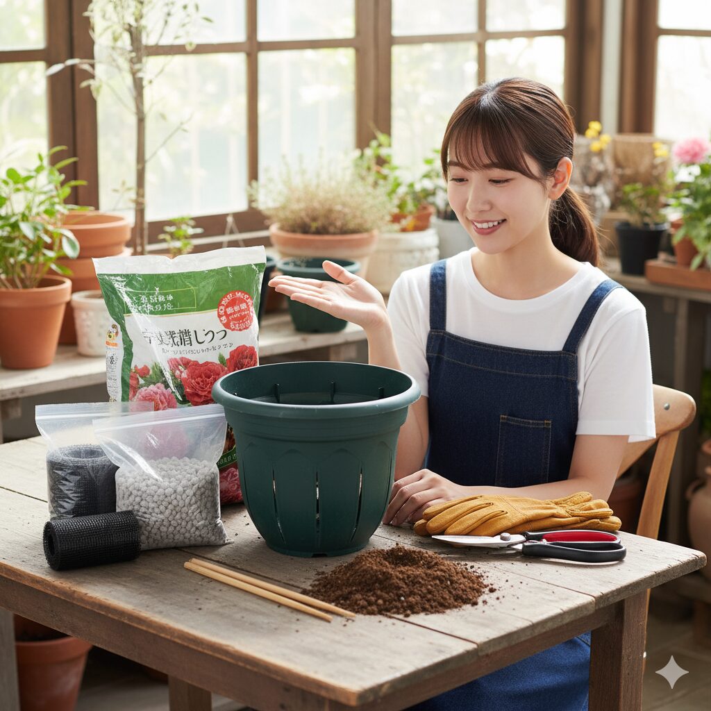 バラの植え替え手順に必要な道具のセット写真。深さのある懸崖スリット鉢、バラ専用の土、鉢底石、鉢底ネット、清潔な剪定ばさみ、バラ用革手袋、土を突くための割り箸。