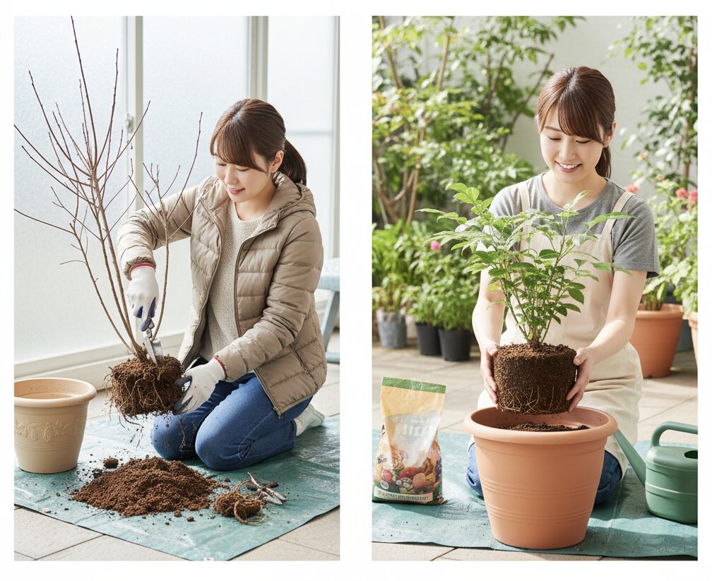 「植え替え」と「鉢増し」の違いを解説する比較イラスト図解。左側は根鉢を崩して土を落とし根を切る「植え替え（冬）」、右側は根鉢を一切崩さずそのまま大きな鉢に入れる「鉢増し（生育期）」の手順を示している。