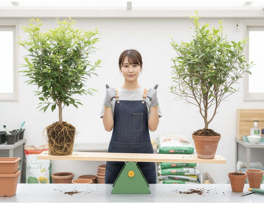 植物のT/R比（地上部と地下部のバランス）を説明する図。根を小さく切った分だけ、地上の枝も剪定して水分蒸散のバランスを取る仕組みを、シーソーのようなイラストで分かりやすく表現したもの。