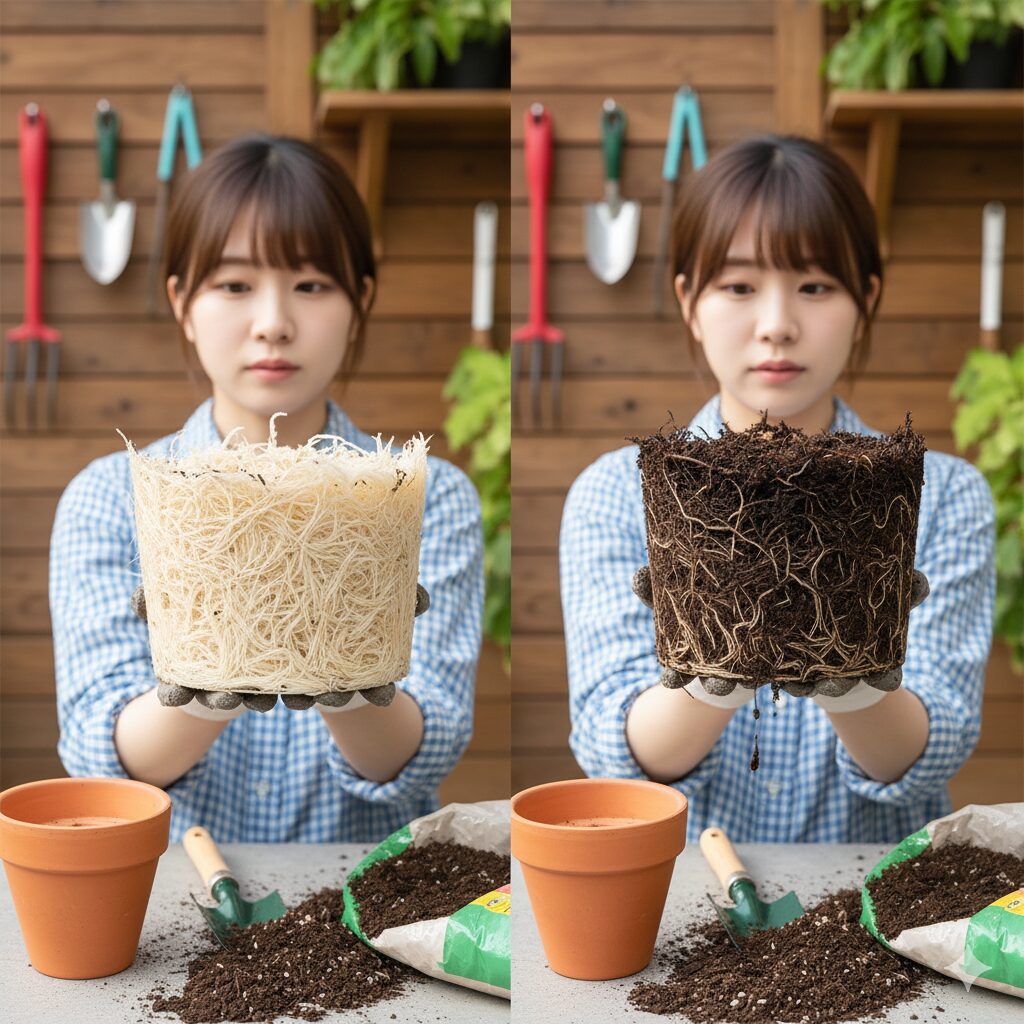 根詰まりと根腐れで状態の異なる鉢植えの根の比較画像。白い健康な根と茶色く腐敗した根を並べ、植え替えの重要性を視覚的に示す。