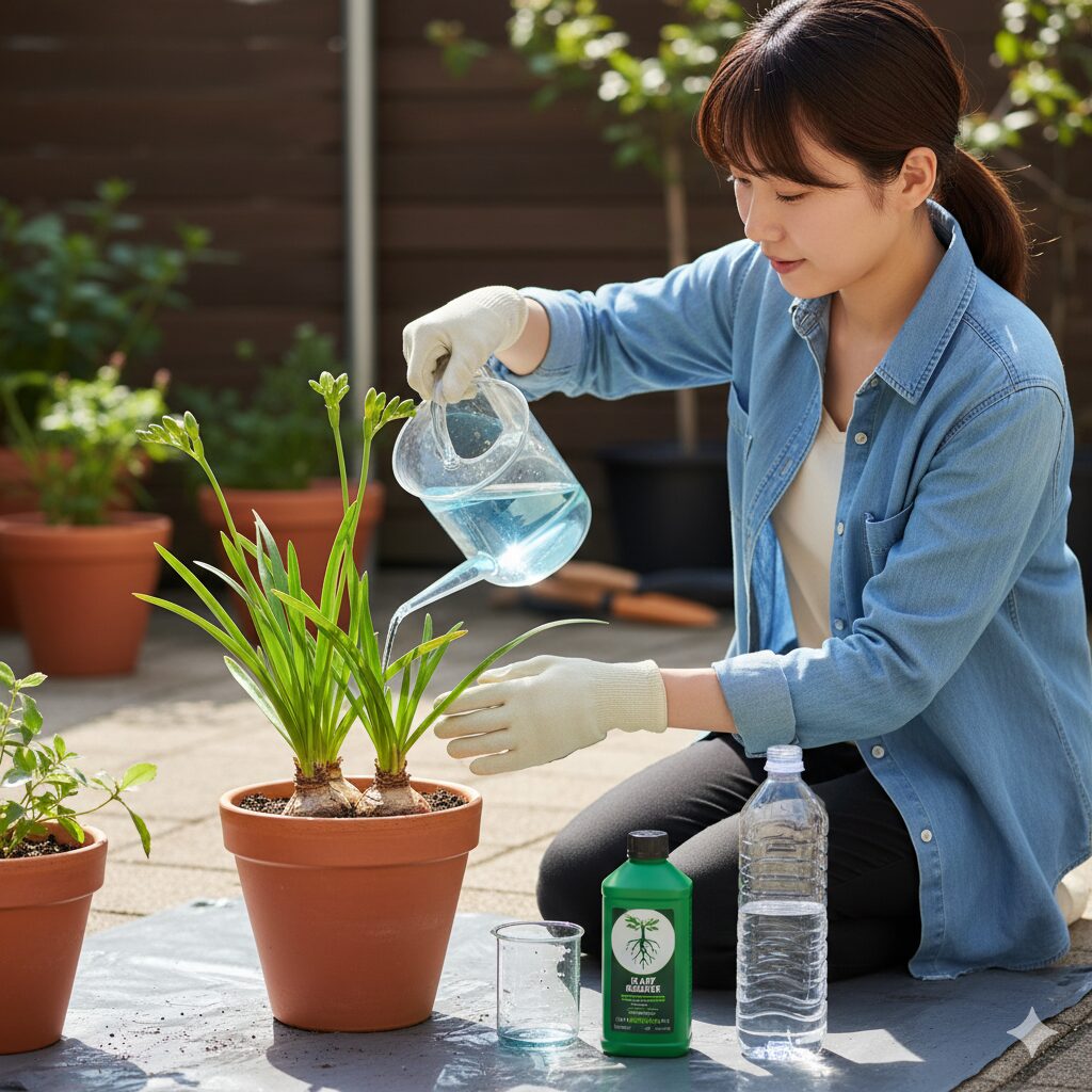 植え替え直後の鉢植えに、発根促進を目的とした活力剤を希釈して与えている画像。肥料焼けを防ぐための正しい使用方法。
