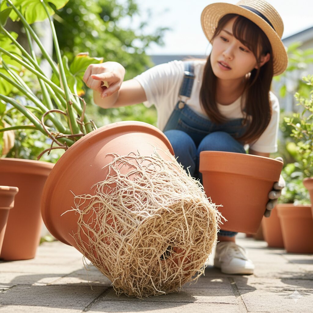鉢底の穴からびっしりと根が飛び出している鉢植えの画像。根詰まりの最も分かりやすいサインとして、植え替えの必要性を強調。