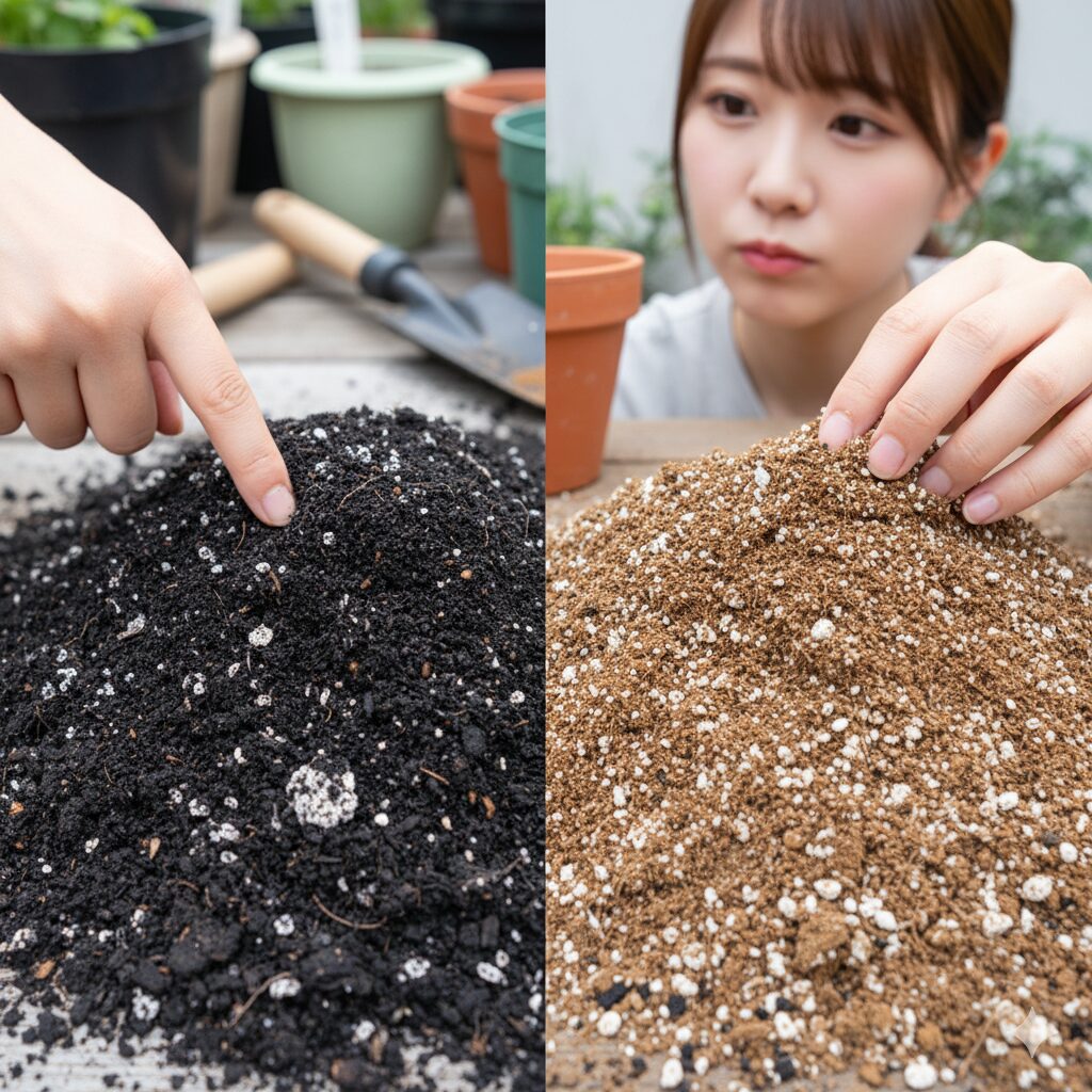 古い黒い土と、新しい通気性の良い配合培養土(例:軽石やパーライトが混ざった土)を比較したクローズアップ画像。土壌の劣化と改善の重要性を伝える。