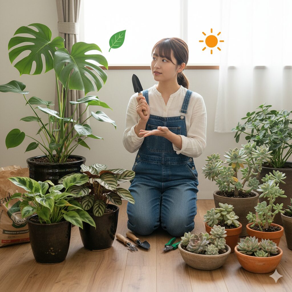 一般的な観葉植物(例:モンステラ)と夏型多肉植物(例:エケベリア)の鉢植えを並べた画像。生育型によって植え替え時期が異なることを示す。