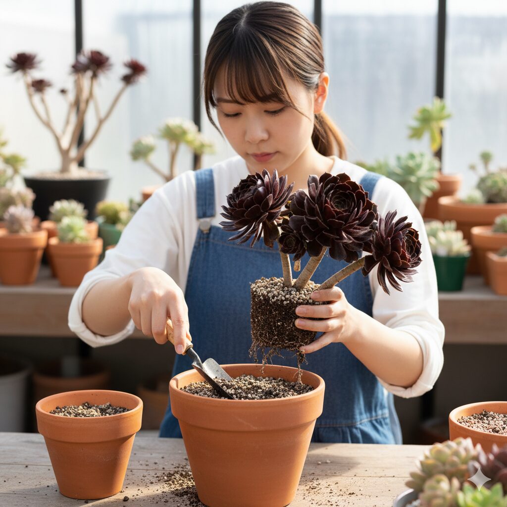 冬型多肉植物(例:アエオニウム)の休眠期に、根鉢を崩さずに一回り大きな鉢に新しい乾燥土を追加する「鉢増し」作業の様子。
