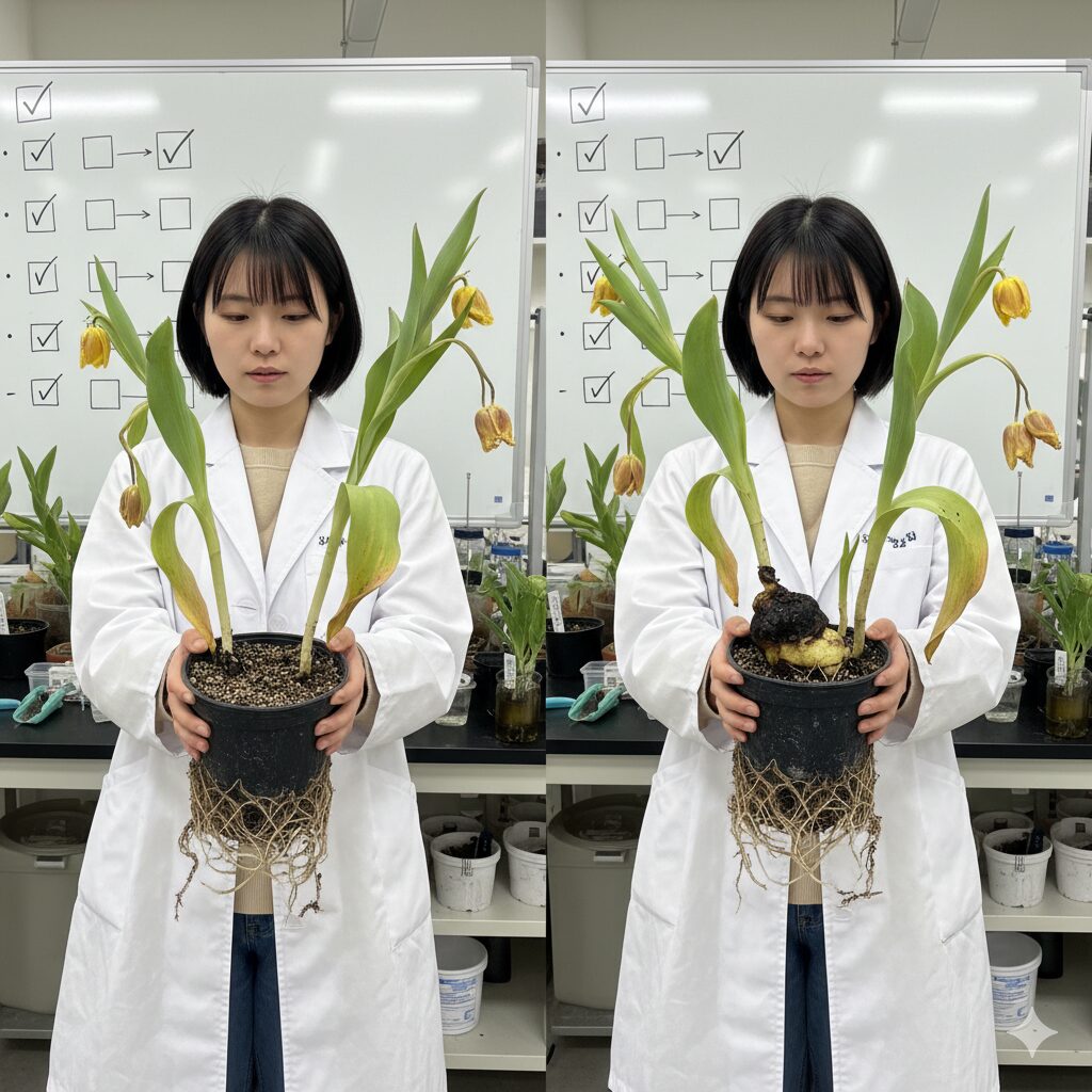 根詰まりで下葉が黄変し、根腐れで茎元が黒くブヨブヨになった植物の地上部の状態を比較したイラストまたは写真。SOSサインの診断チェックリスト。