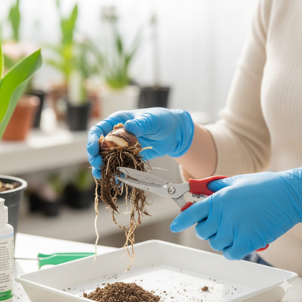 茶色く腐敗した根を、清潔なハサミで切除している手のクローズアップ画像。根腐れ時の緊急処置の重要性と正しい手順を示す。