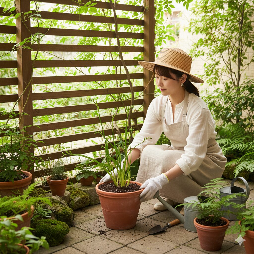 植え替え直後の鉢植えを、直射日光が当たらない明るい日陰(養生場所)に置いている画像。回復期における適切な置き場所を示す。