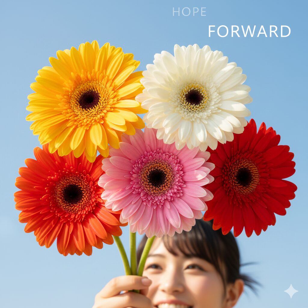 太陽に向かって元気に咲き誇る色とりどりのガーベラ。「希望」や「常に前進」という花言葉を想起させる写真。