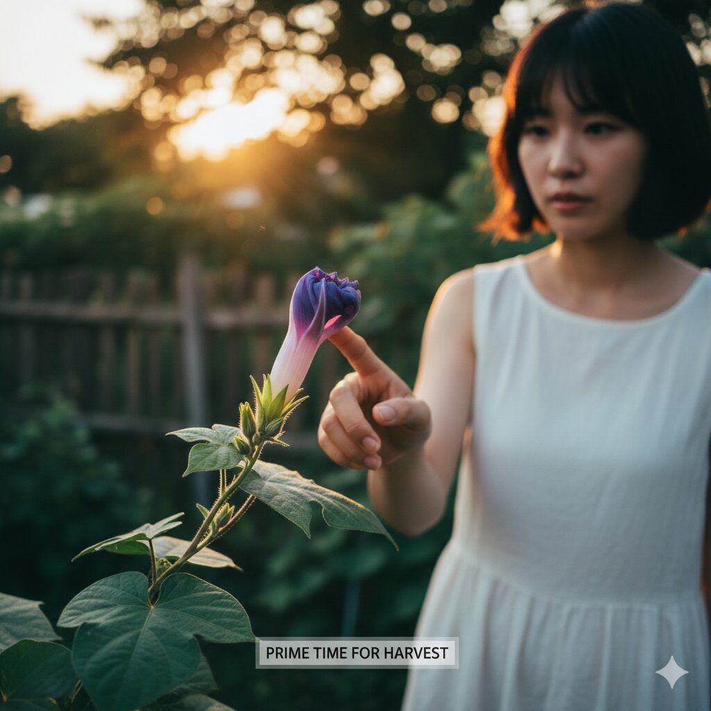 あさがお花粉10　開花前日の夕方、大きく膨らみねじれたアサガオの蕾。花粉採取に最適なタイミングを示す写真。