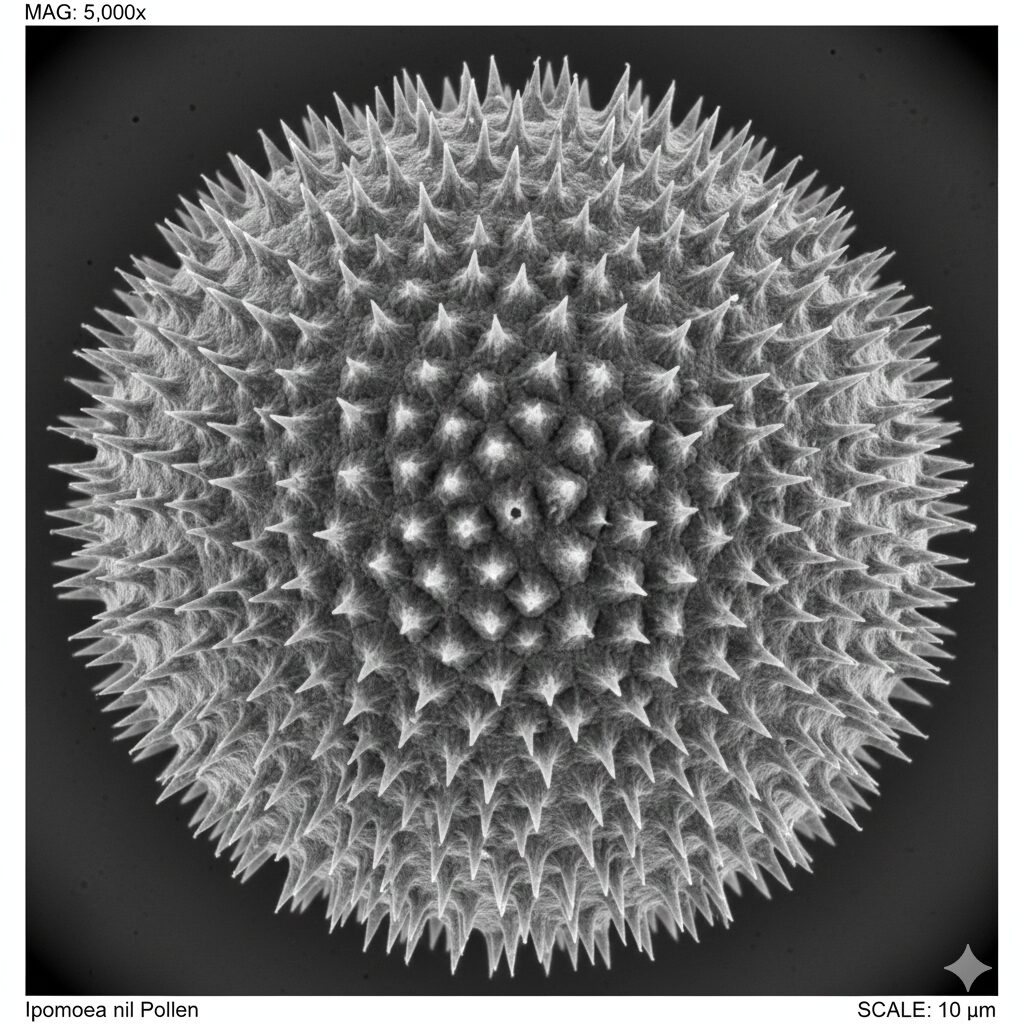 あさがお花粉2　電子顕微鏡で撮影されたアサガオ花粉。球体の表面が無数の鋭いトゲ（刺状紋）で覆われている様子。