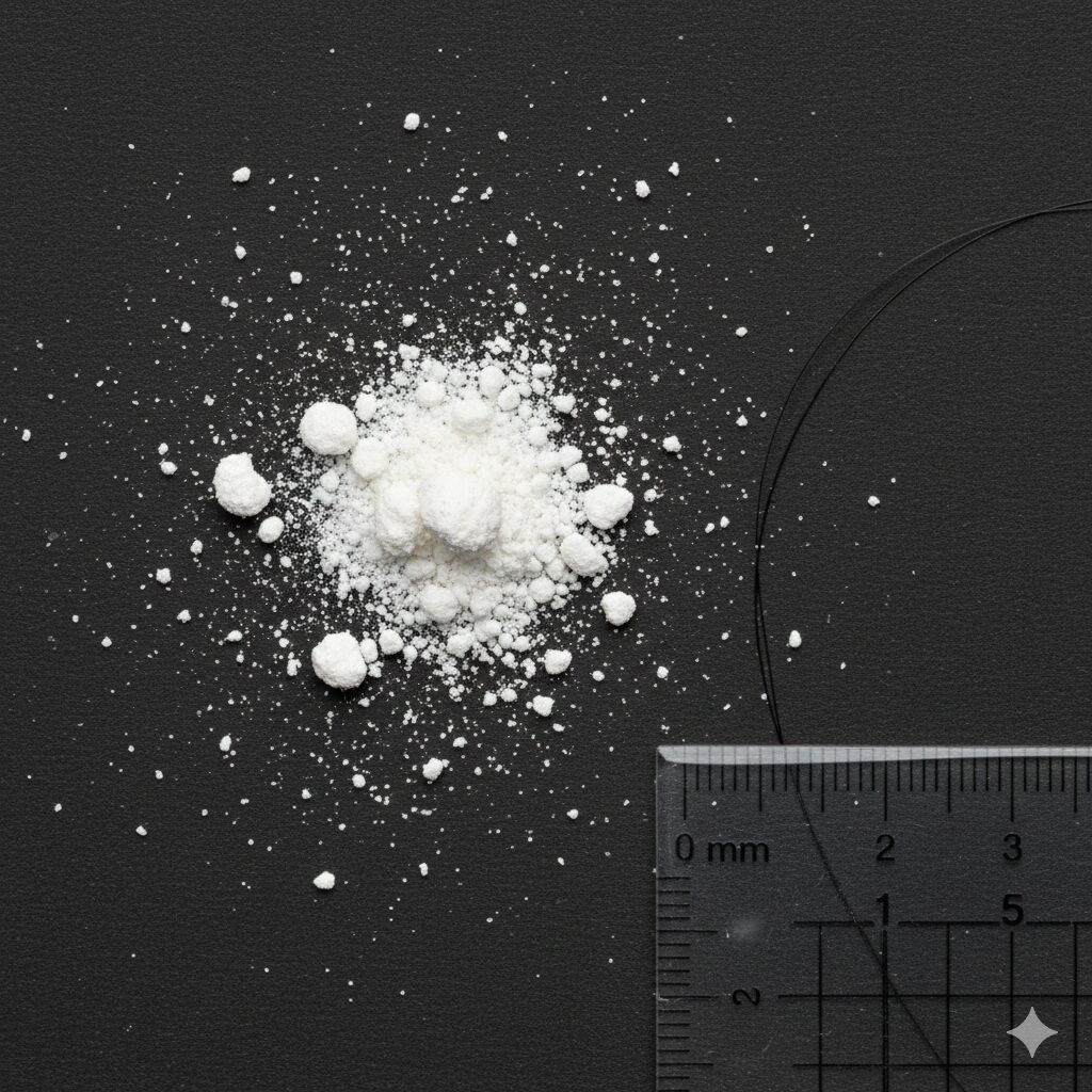 あさがお花粉3　黒い紙の上に撒かれたアサガオ花粉と、比較用の髪の毛、定規。肉眼で粒が確認できる約100μmの大きさを示す写真。