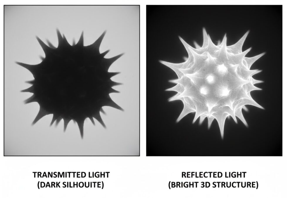 あさがお花粉4　アサガオ花粉の顕微鏡観察比較。左は透過光で黒い影に見え、右は反射光で白く立体的に見える様子。