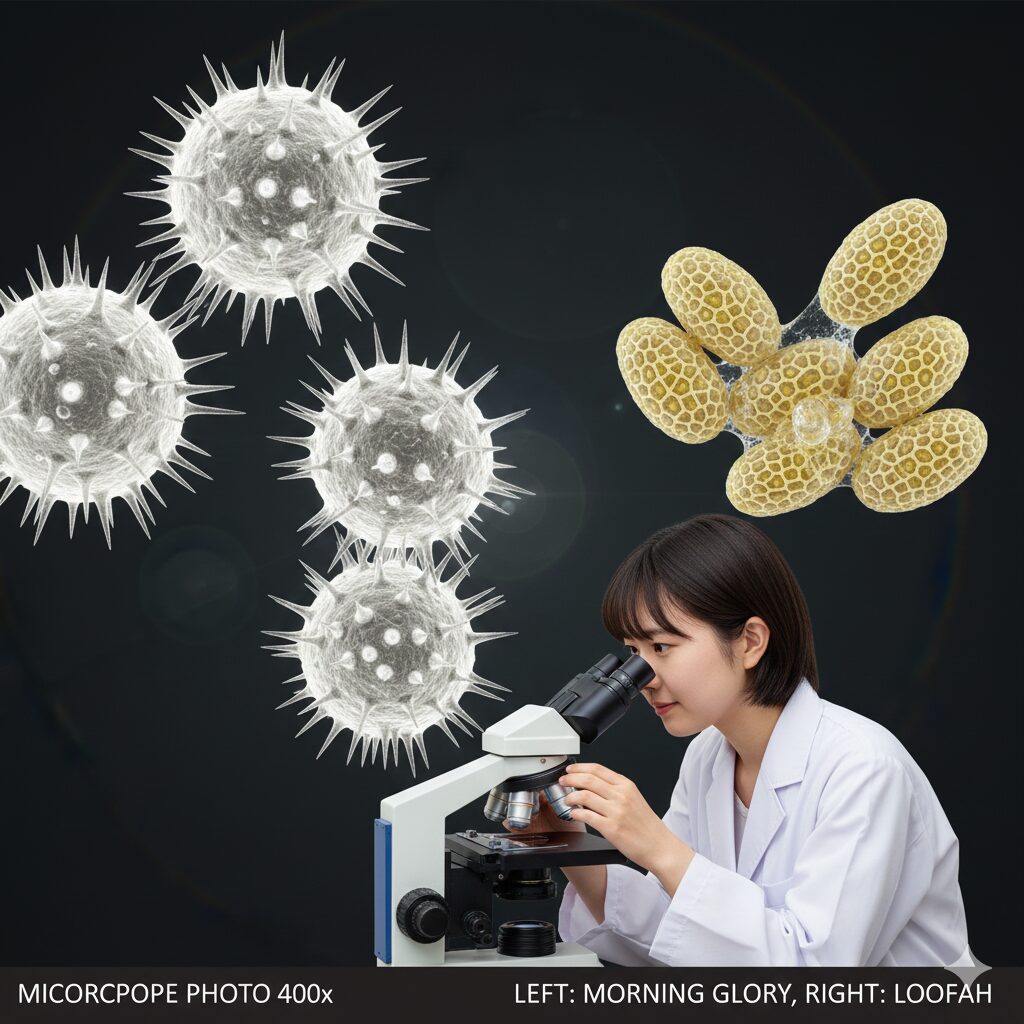 あさがお花粉5　顕微鏡で比較したアサガオ花粉（左：巨大な球体・トゲ）とヘチマ花粉（右：楕円形・網目模様・粘着質）。