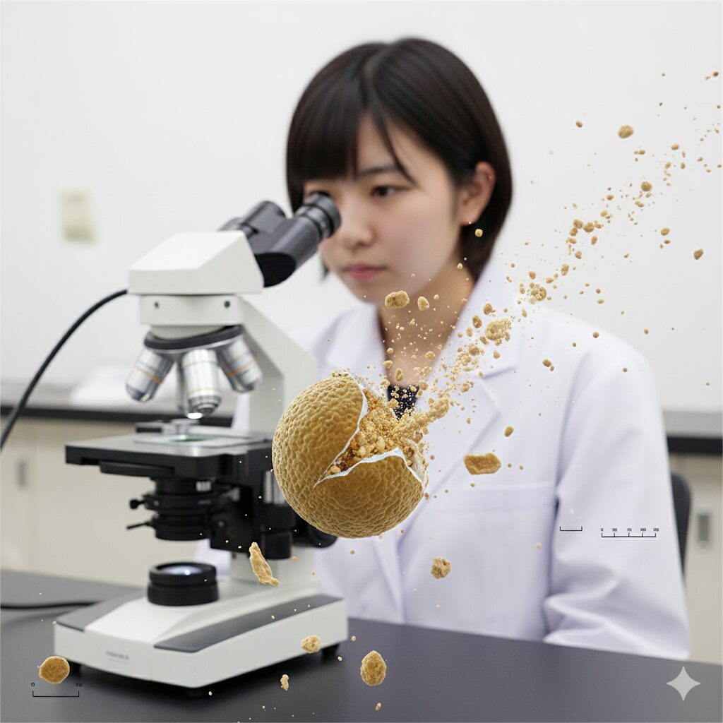 あさがお花粉6　水道水での観察により浸透圧で破裂（バースト）し、中身が飛び出したアサガオ花粉の顕微鏡写真。