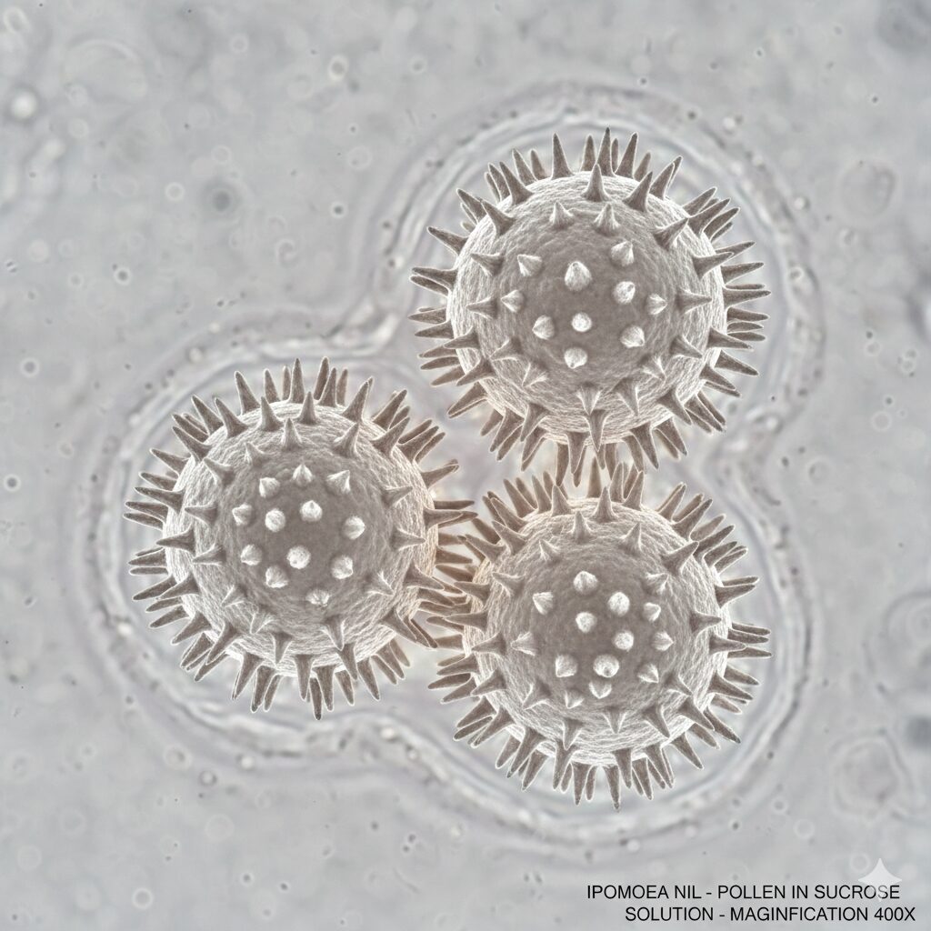 あさがお花粉7　砂糖水を用いて浸透圧を調整し、破裂せずにきれいな球形を保っているアサガオ花粉の顕微鏡写真。