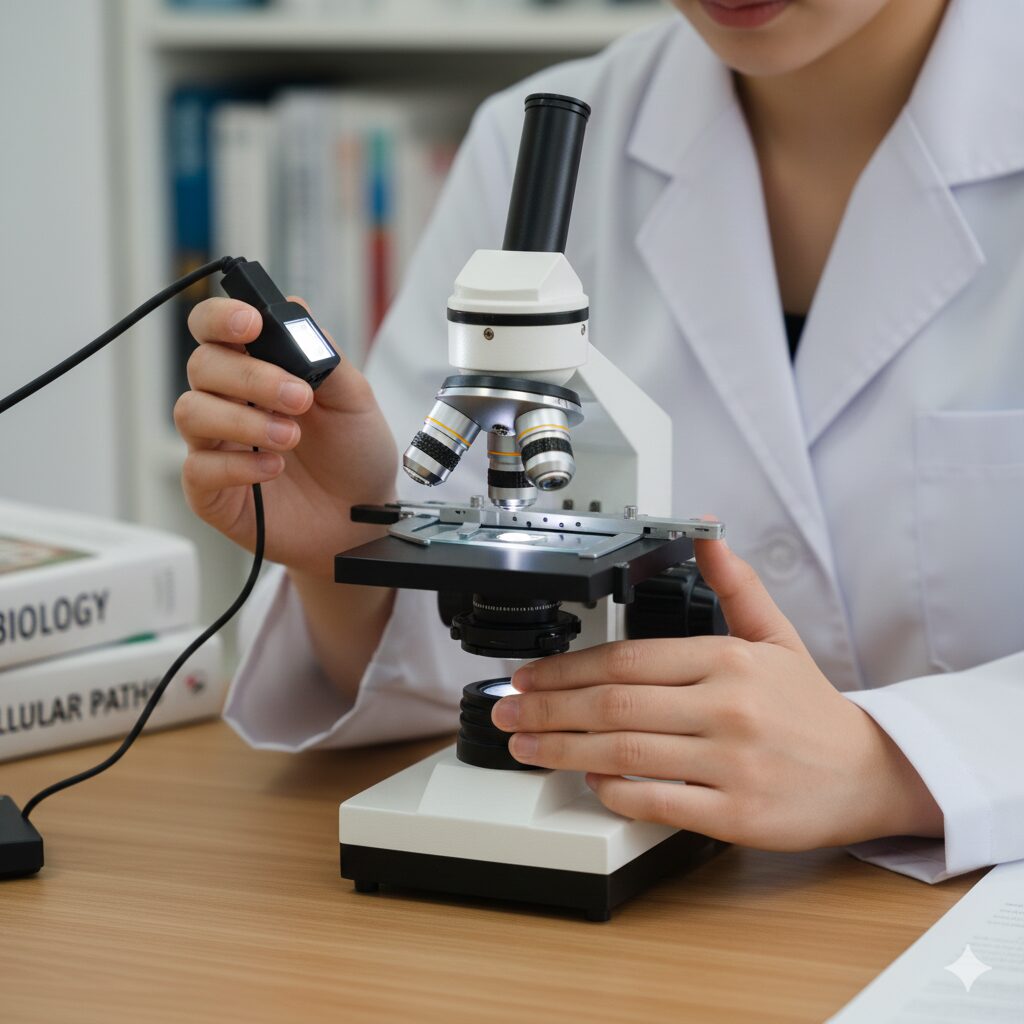 あさがお花粉8　顕微鏡観察でアサガオ花粉を立体的に見るため、横からLEDライトで反射照明（トップライト）を当てている様子。