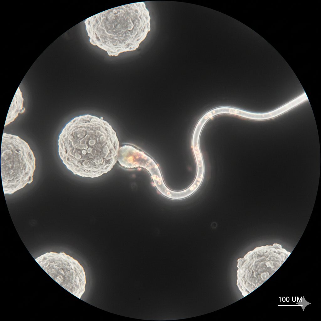 あさがお花粉9　寒天培地上で発芽し、アサガオ花粉から長く伸びる花粉管の様子を捉えた顕微鏡写真。
