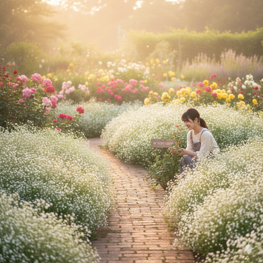かすみ草 庭に植えてはいけない1　庭一面に咲き誇る満開の白いかすみ草と他の草花が調和した美しいガーデンの風景
