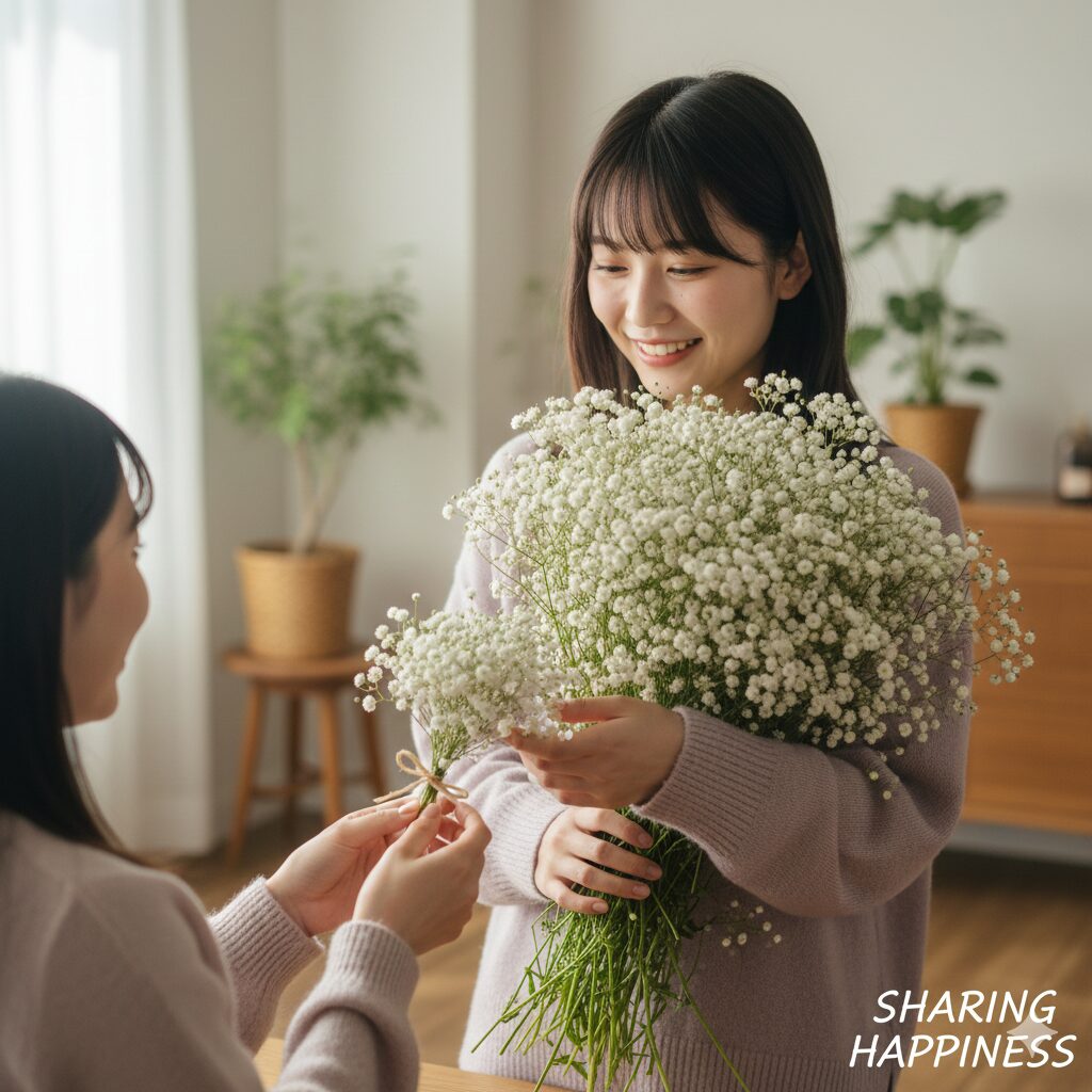 かすみ草 花言葉 怖い　大きな花束から小さな束を分けて手渡す、ドラマで話題になったかすみ草の「幸せのお裾分け」の温かいシーン。