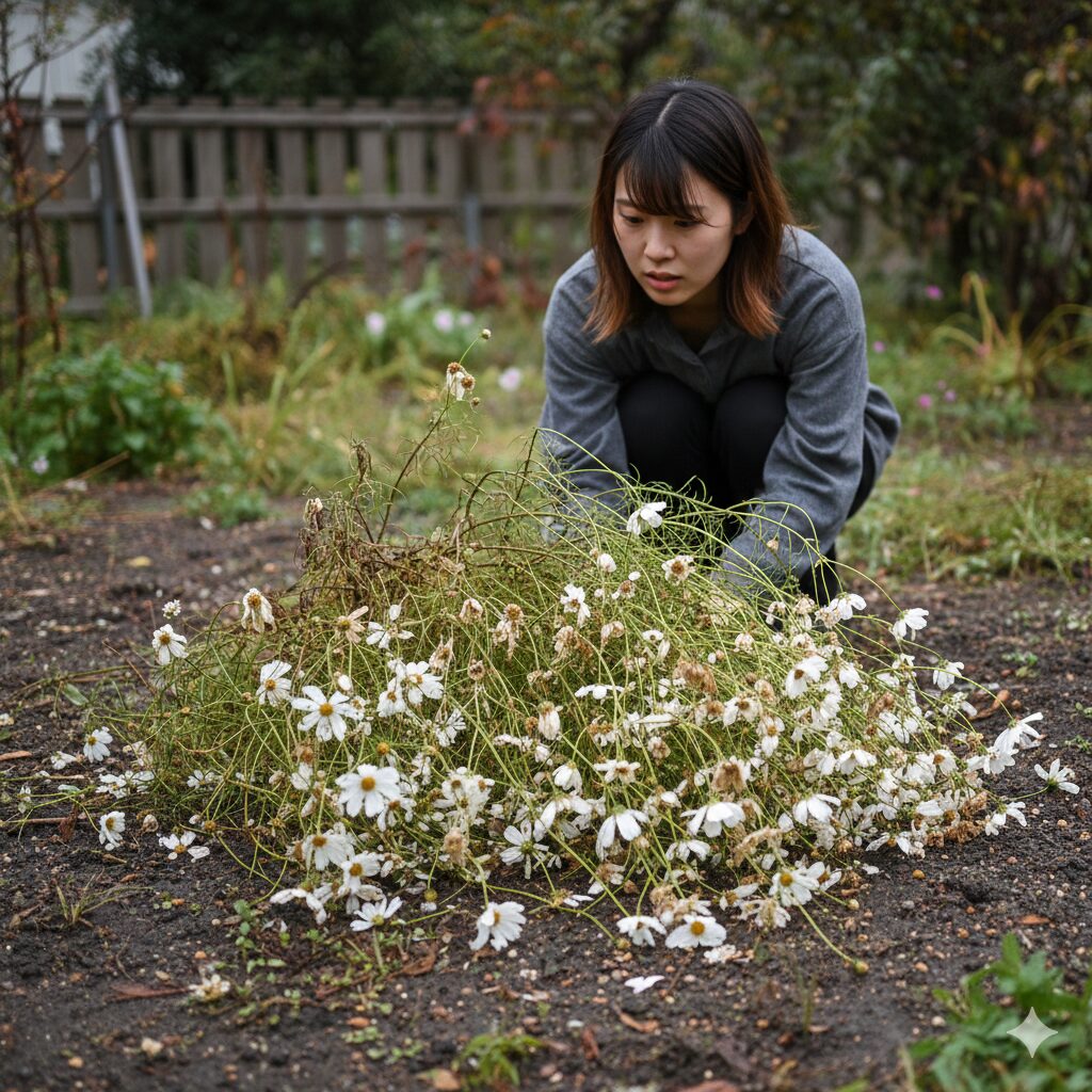 かすみ草 庭に植えてはいけない2　雨の重みで倒伏し泥まみれになった庭植えのかすみ草