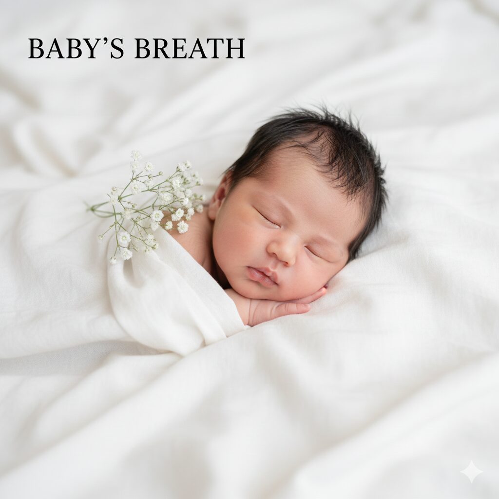 かすみ草 花言葉 怖い　英名「Baby's breath（赤ちゃんの吐息）」の由来となった、眠る赤ちゃんの横に添えられた純真なかすみ草。