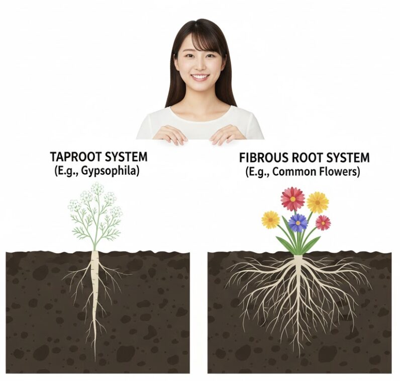 かすみ草 庭に植えてはいけない3　直根性（カスミソウ）とヒゲ根性（一般草花）の根の構造比較図解
