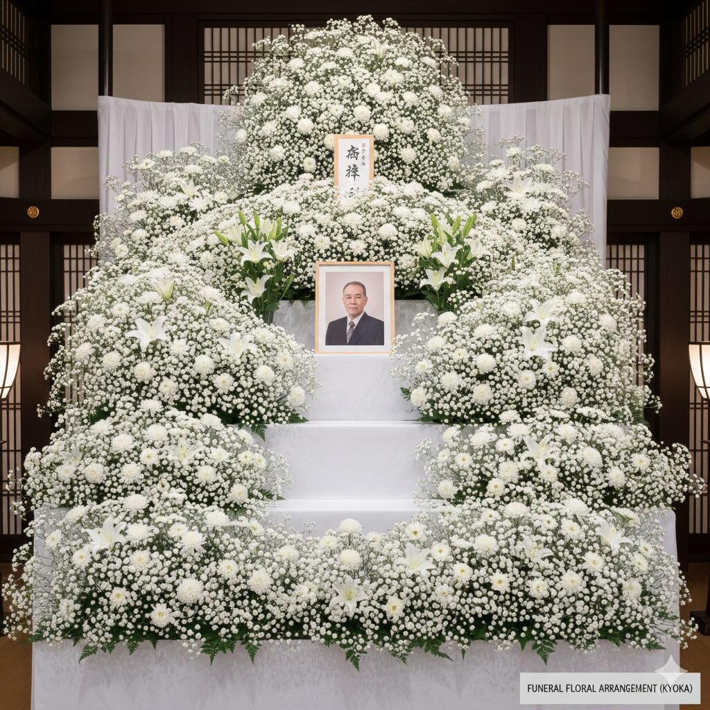 かすみ草 花言葉 怖い　日本の葬儀の祭壇で、白菊やユリと共に飾られている白いかすみ草の供花。