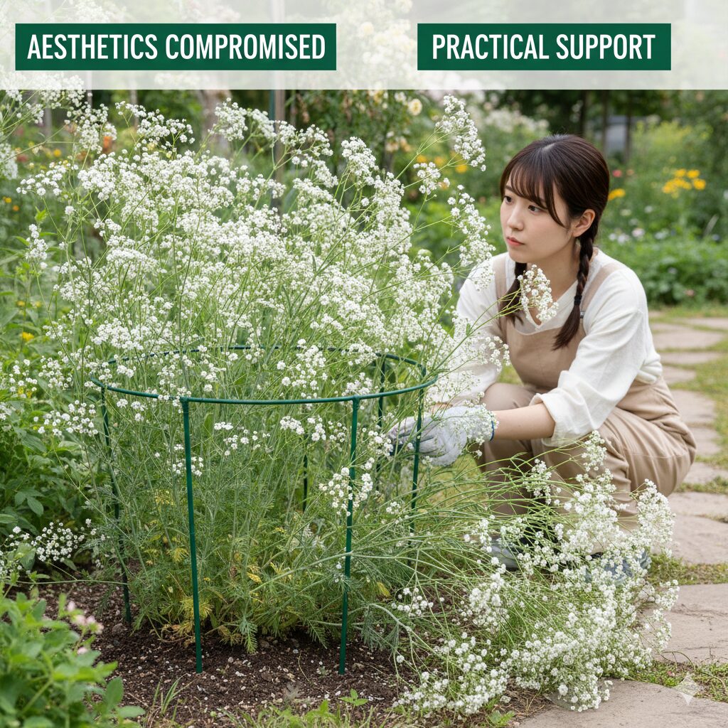 かすみ草 庭に植えてはいけない4　倒伏を防ぐために庭植えのかすみ草に設置された目立つ園芸用リング支柱