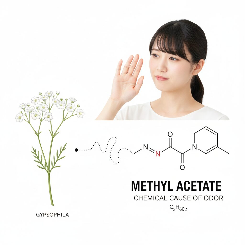 かすみ草 花言葉 怖い　かすみ草の独特な臭いの原因となる揮発性成分「メチル酢酸」の化学構造式を示す図解。