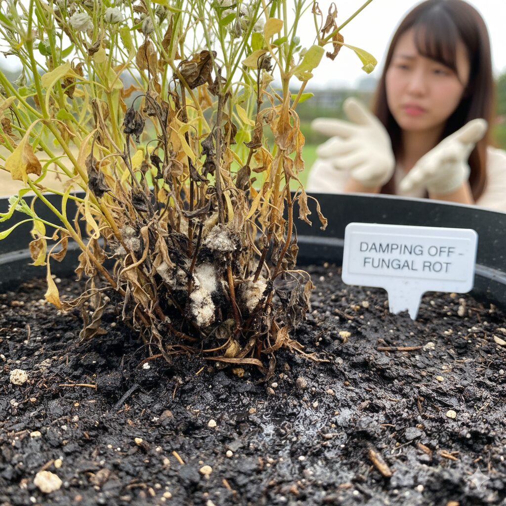 かすみ草 庭に植えてはいけない5　高温多湿により蒸れて根腐れを起こし枯死したかすみ草の株元