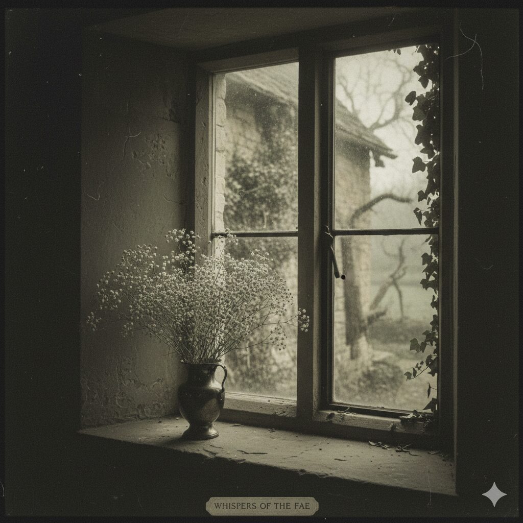 かすみ草 花言葉 怖い　イギリスの古い迷信で不吉とされることがある、石造りの家の窓辺に飾られた白い花（かすみ草）のイメージ。