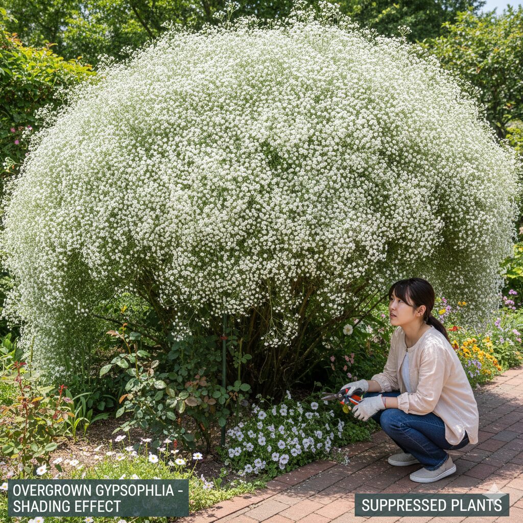 かすみ草 庭に植えてはいけない6　巨大化して周囲の植物を覆い隠すように広がった宿根カスミソウ