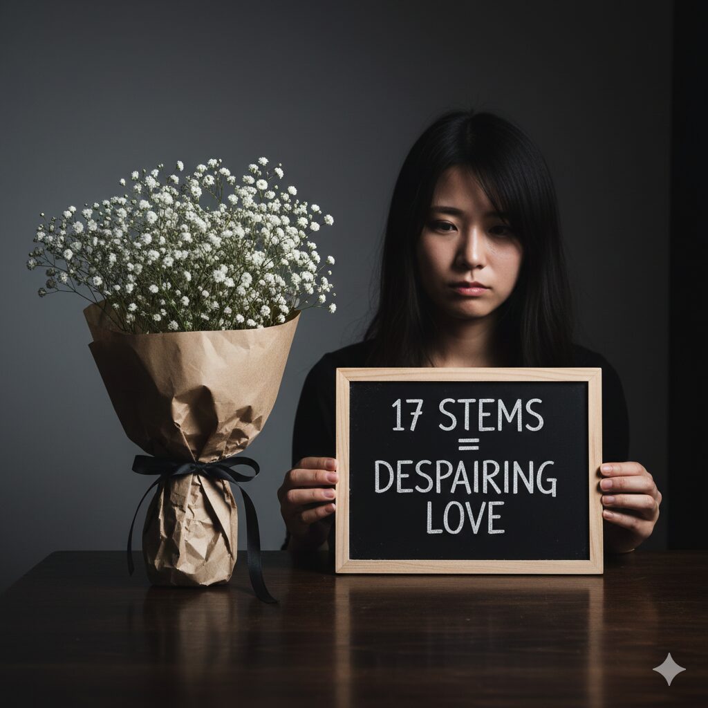 かすみ草 花言葉 怖い　花言葉が「絶望の愛」となるため贈り物には絶対に避けるべき、17本で束ねられたかすみ草の花束。