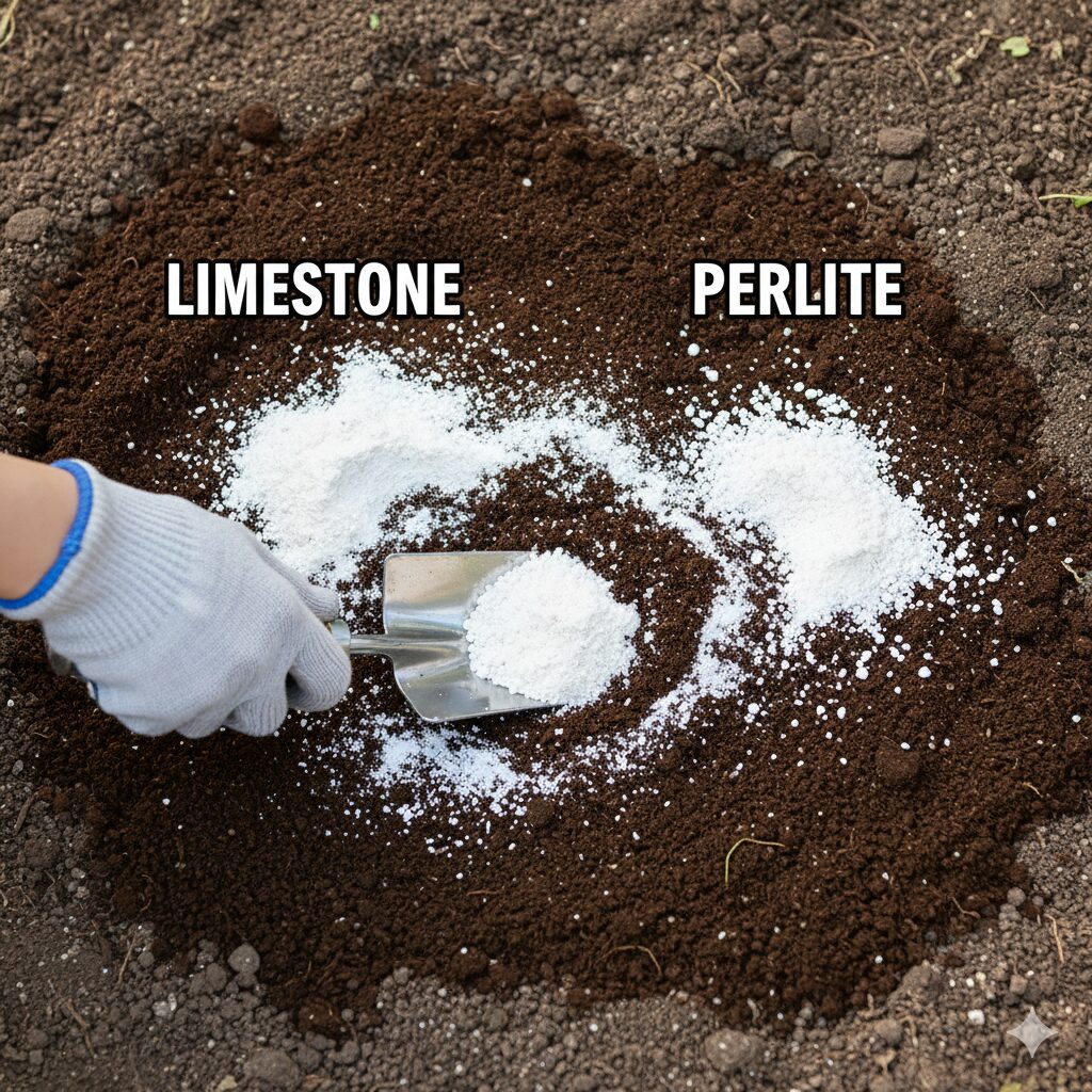かすみ草 庭に植えてはいけない7　庭土に苦土石灰とパーライトを混ぜ込む土壌改良の作業風景
