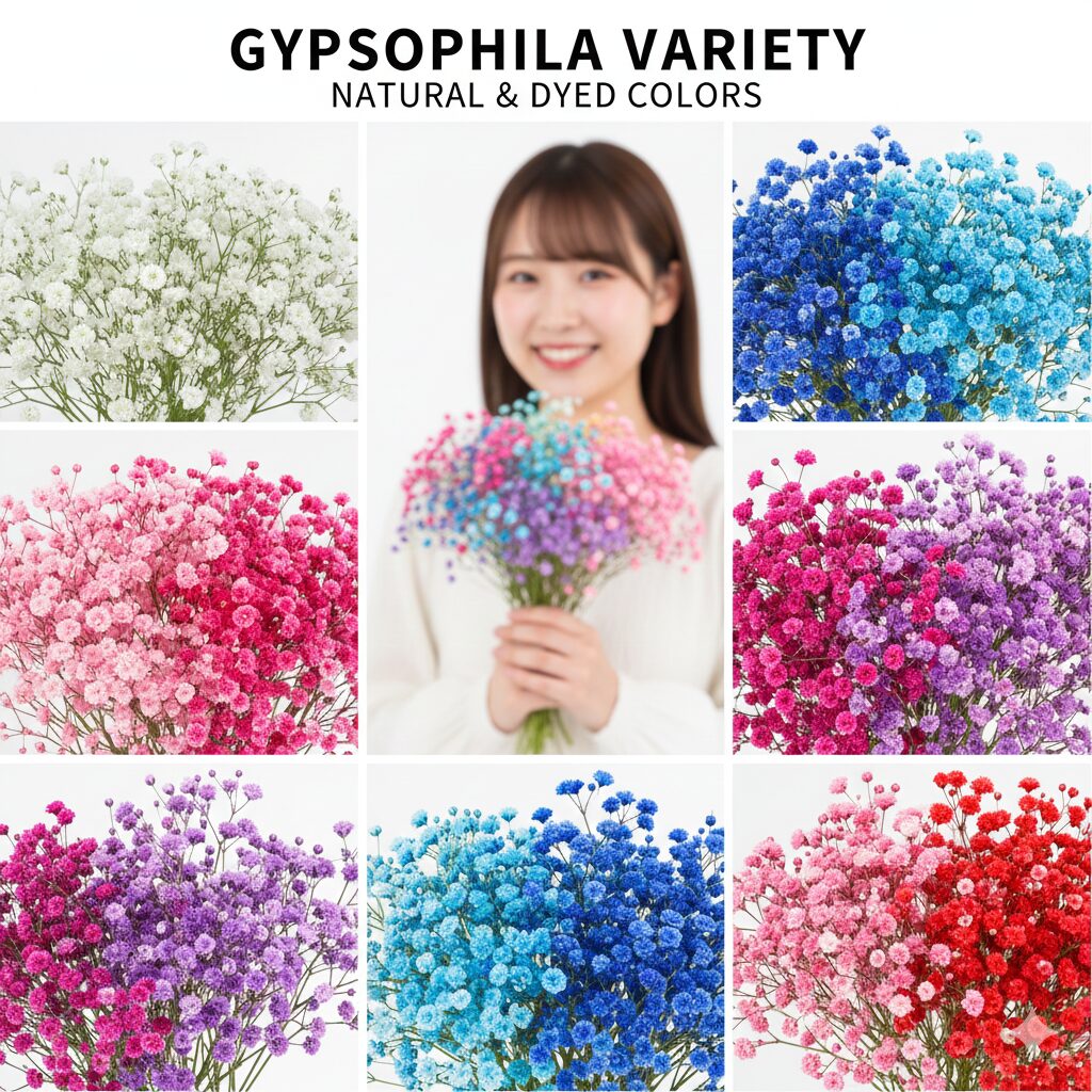 かすみ草 花言葉 怖い　白色のほか、ピンク、青（染色）、紫など、それぞれ異なる花言葉を持つ色とりどりのかすみ草が並んだ写真。