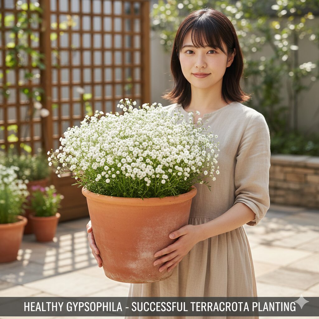 かすみ草 庭に植えてはいけない8　テラコッタ鉢でコンパクトに満開に咲く健康的なかすみ草の鉢植え