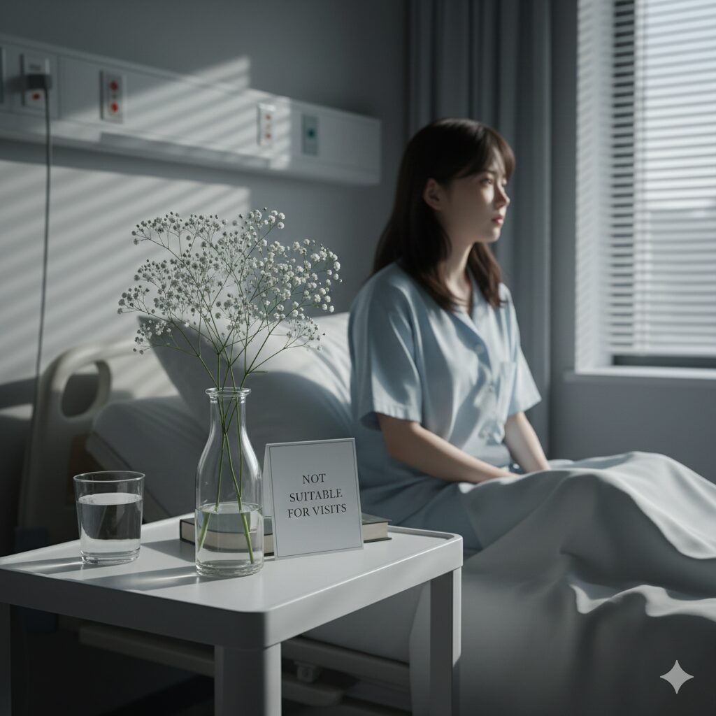 かすみ草 花言葉 怖い　病室のベッドサイドに置かれた、臭いや死の連想からお見舞いにはマナー違反となる可能性がある白一色のかすみ草。