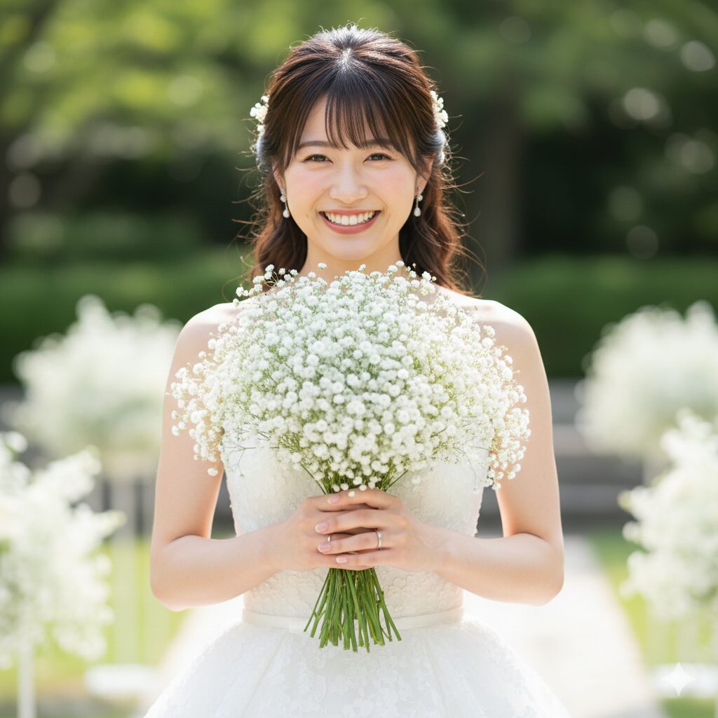 かすみ草 花言葉 怖い　結婚式でウェディングドレスを着た花嫁が持つ、幸福と感謝を象徴するボリュームたっぷりのかすみ草ブーケ。