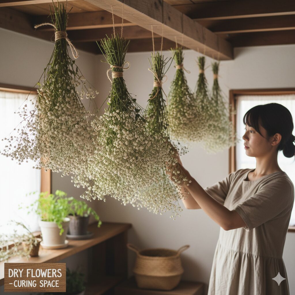 かすみ草の育て方 初心者10　かすみ草のドライフラワーの作り方：開花した花を束ねて風通しの良い日陰に逆さまに吊るす様子