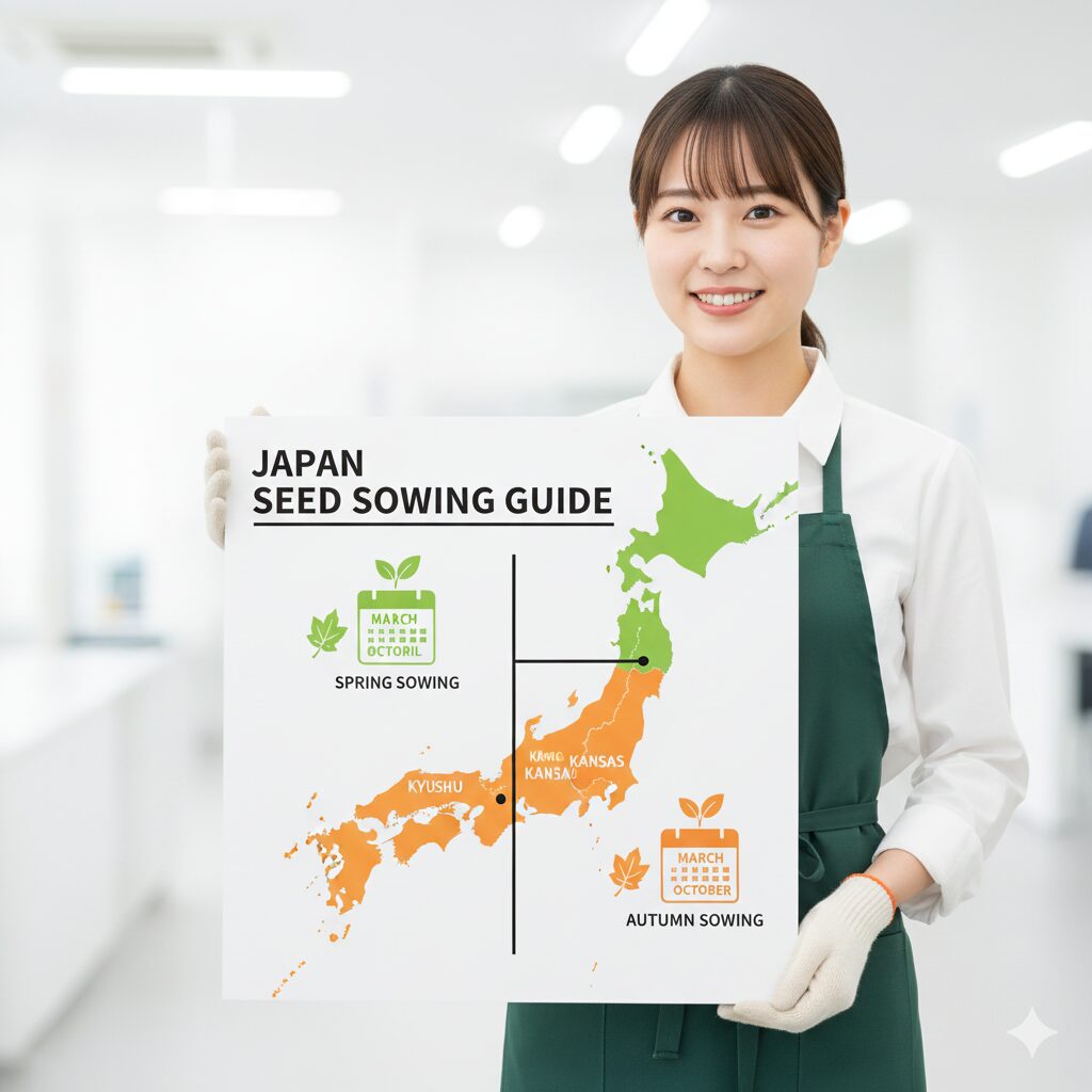 かすみ草の育て方 初心者2　かすみ草の種まき時期を示した日本地図のイラスト：暖地は秋まき、寒冷地は春まきが適期