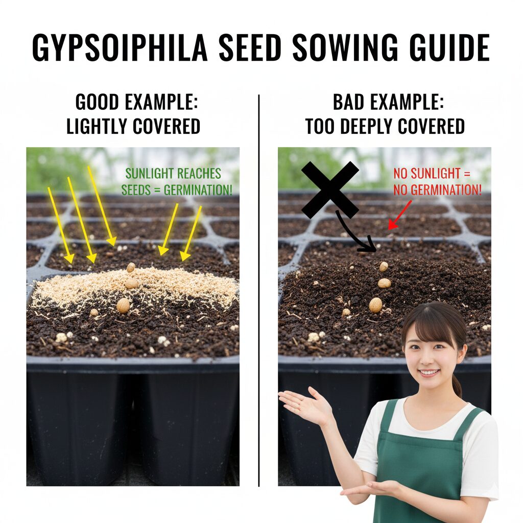 かすみ草の育て方 初心者3　かすみ草の好光性種子の種まき図解：土を厚くかけすぎず光が届くように薄く覆土する正しい方法