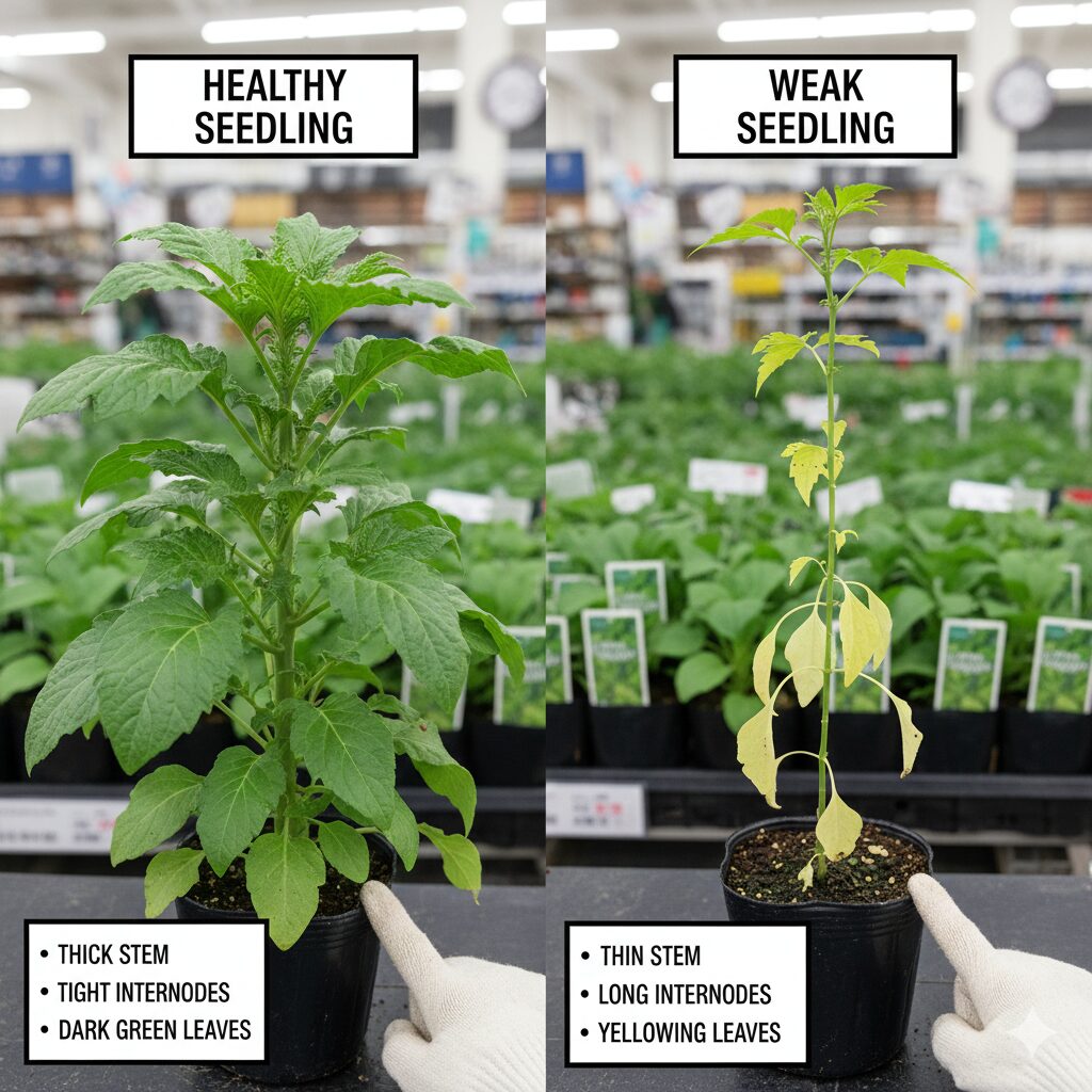 かすみ草の育て方 初心者4　かすみ草の良い苗と悪い苗の比較写真：茎が太く下葉が緑色の健康な苗の選び方