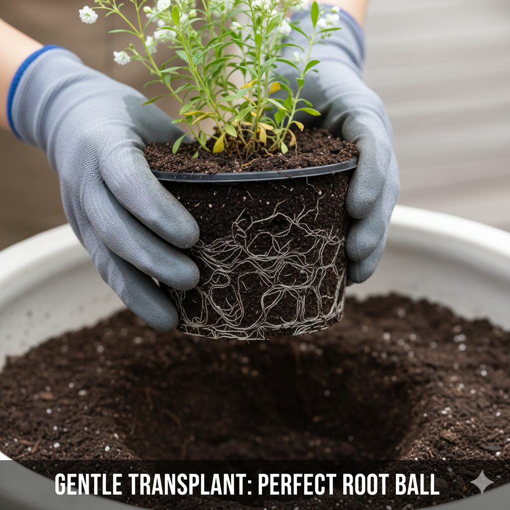 かすみ草の育て方 初心者5　かすみ草の植え付け手順：根鉢を崩さずにポットから苗を慎重に取り出している様子