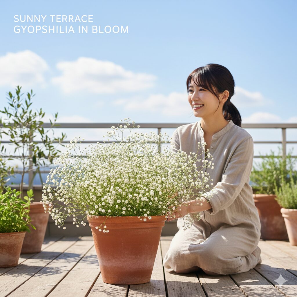 かすみ草の育て方 初心者7　かすみ草の理想的な置き場所：日当たりと風通しの良い屋外のベランダでの栽培風景